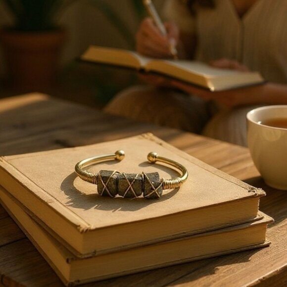 Raw Pyrite Wire Wrap Cuff w/ 14Kt Gold Over Copper – Handmade & Adjustable - Picture 9 of 10
